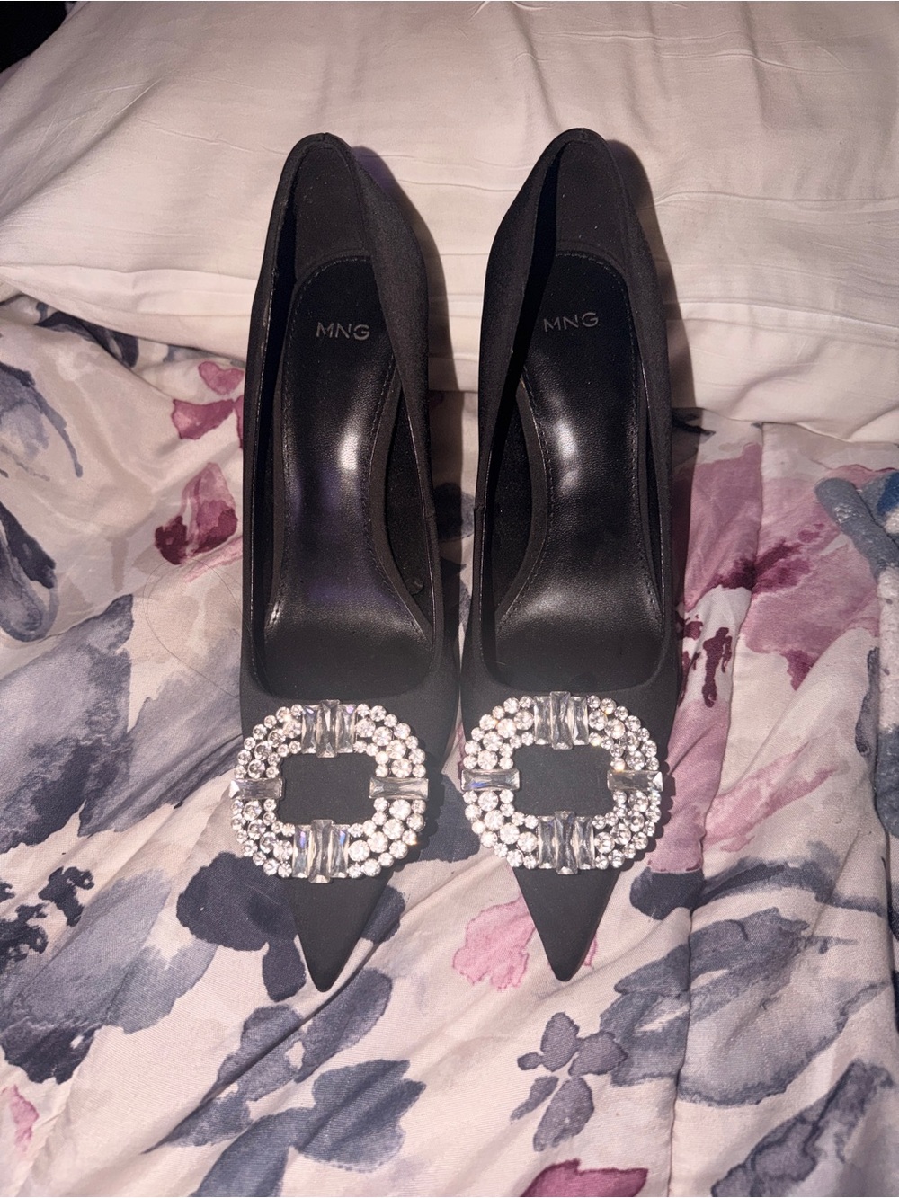 Mango Black Pointed Pumps with Crystal Round Buckle
